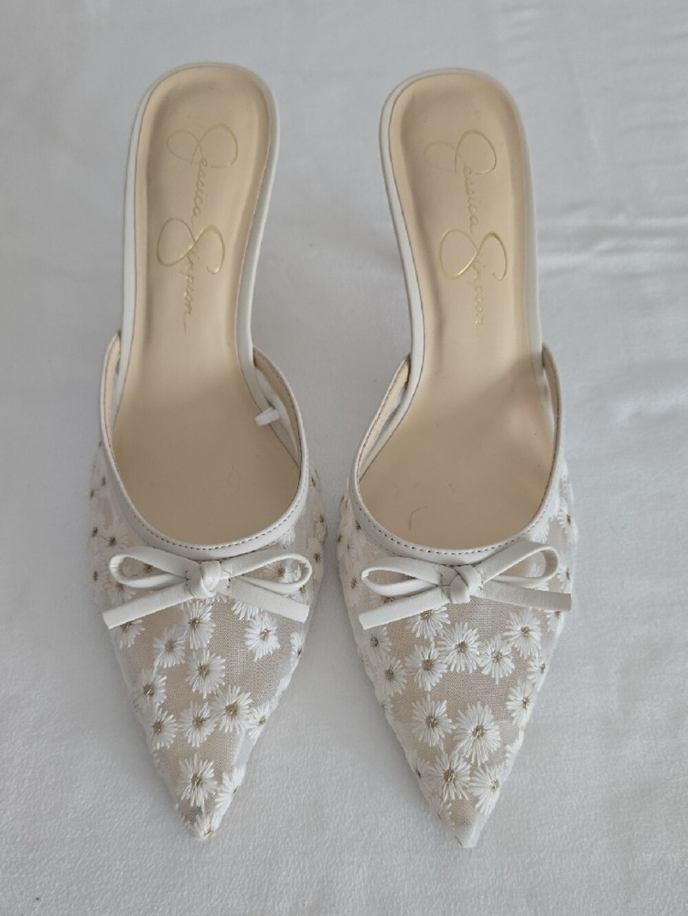 Jessica Simpson Cream Floral Embroidered Pointed-Toe Mules. New